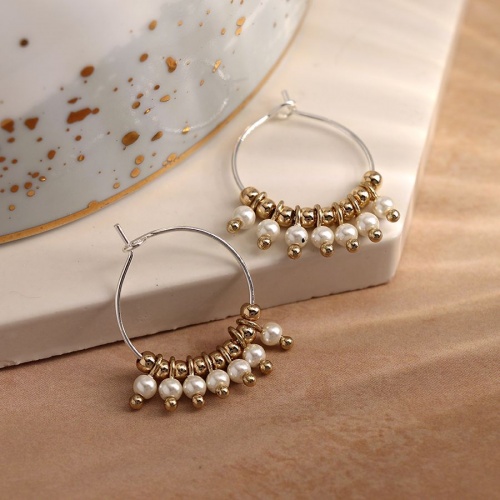 Silver Plated Wire Hoop Earrings with Golden Beads & Pearls by Peace of Mind